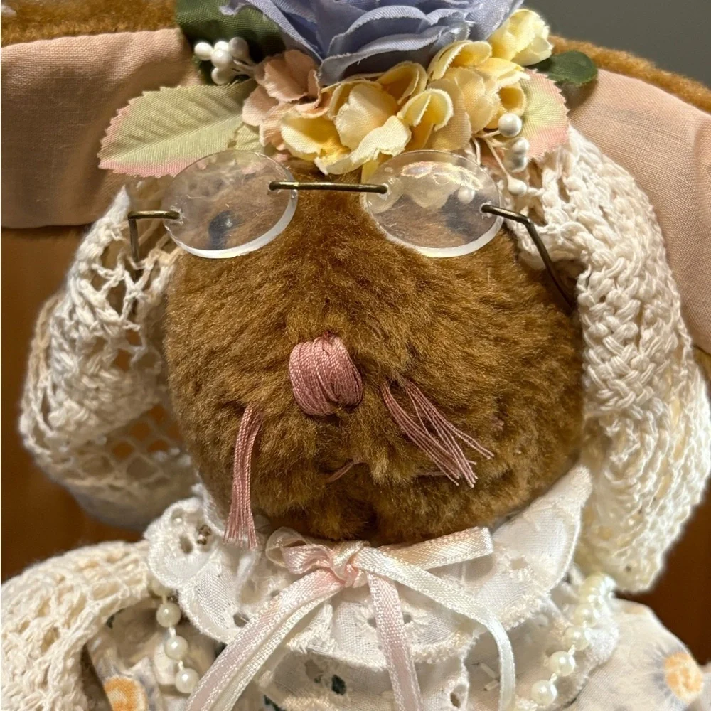 “Granny Bunny” Shelf-sitter Plush Bunny w/ Floral Dress Faux Pearls & Glasses